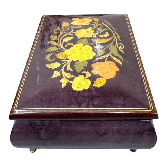 Vintage Italian Inlaid Wood Music Jewelry Box Mayflower Sorrento Yellow Flowers - Picture 12 of 13